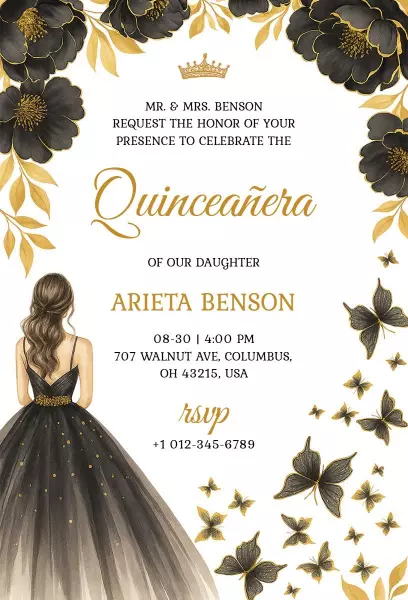 Elegant Gold Floral Quinceanera Celebration Invitation Template
