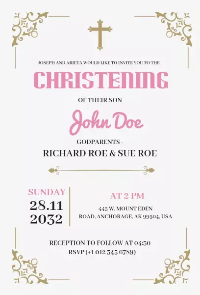 Elegant Gold Flower Son's Christening Invitation Template