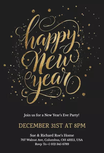 Elegant Gold Glitter Happy New Year Celebration Invitation Template