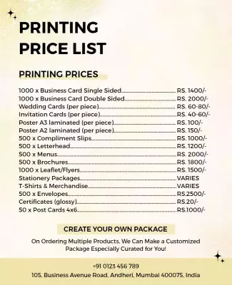 Elegant Gold Glitter Printing Price List Poster Template