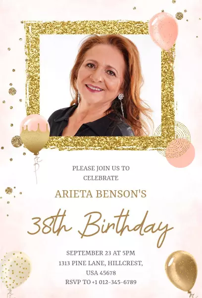 Elegant Gold Glittery 38th Birthday Photo Invitation Template