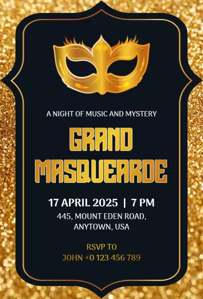 Elegant Gold Grand Masquerade Party Celebration Invitation Template