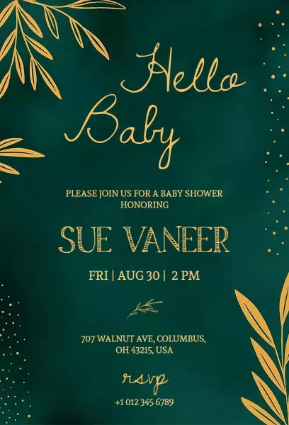 Elegant Gold Green Hello Baby Shower Invitation Template