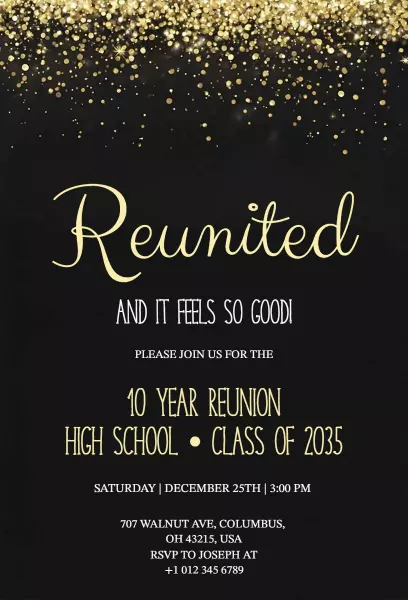 Elegant Gold High School 10 Year Reunion Invitation Template
