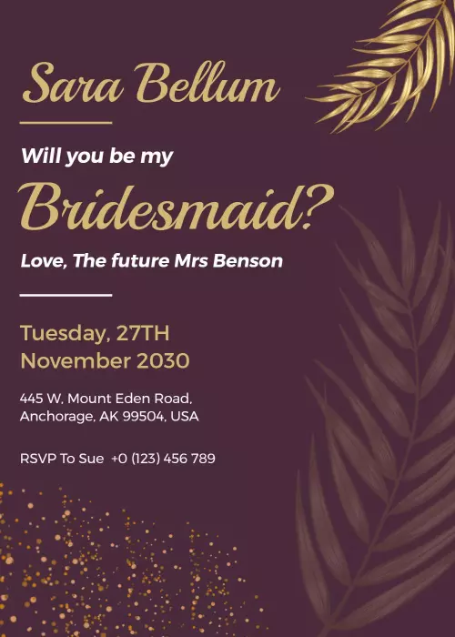 Elegant Gold Leaf Bridesmaid Proposal Invitation Template