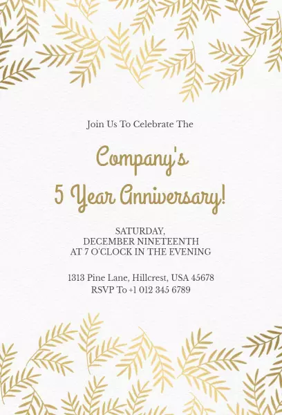 Elegant Gold Leaf Company 5 Year Anniversary Invitation Template