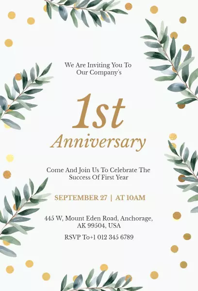Elegant Gold Leaf First Anniversary Celebration Invitation Template