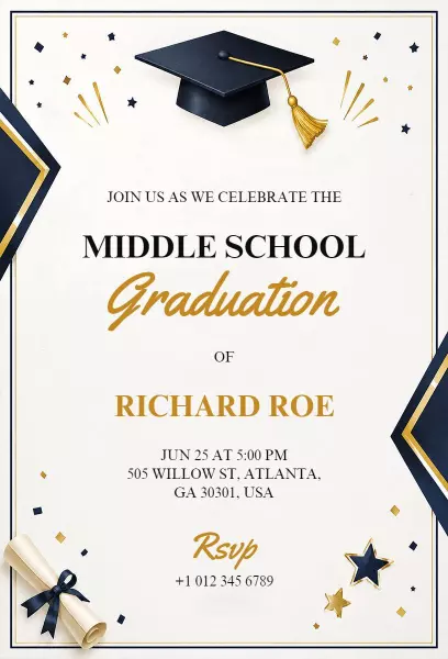 Elegant Gold Middle School Graduation Celebration Invitation Template