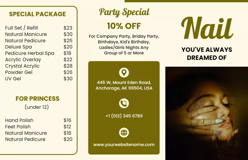 Elegant Gold Nail Salon Services Special Package Brochure Template