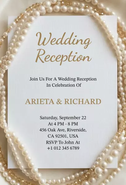 Elegant Gold Pearl-Themed Wedding Reception Invitation Template