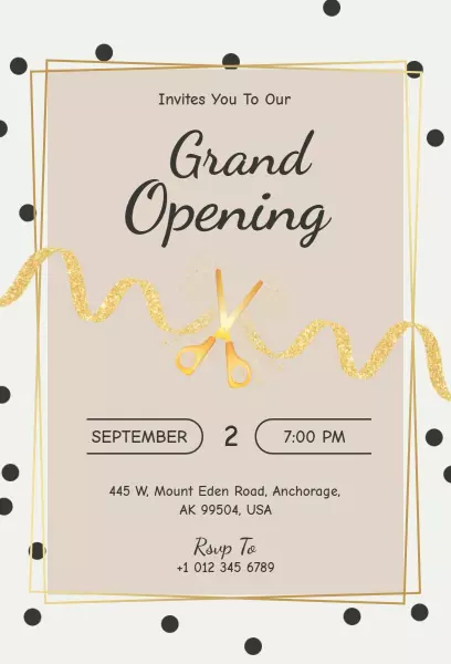 Elegant Gold Polka Dot Grand Opening Celebration Invitation Template