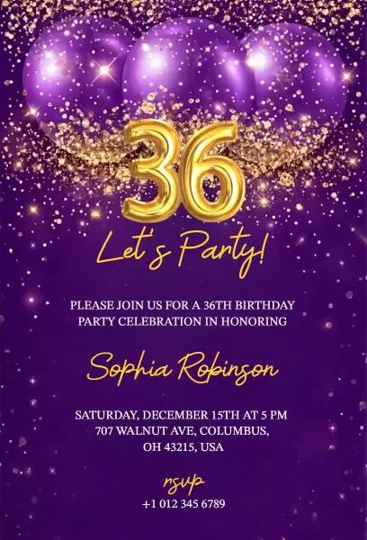Elegant Gold Purple 36th Birthday Party Celebration Invitation Template