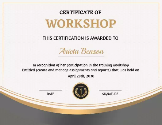 Elegant Gold Workshop Participation Achievement Certificate Template