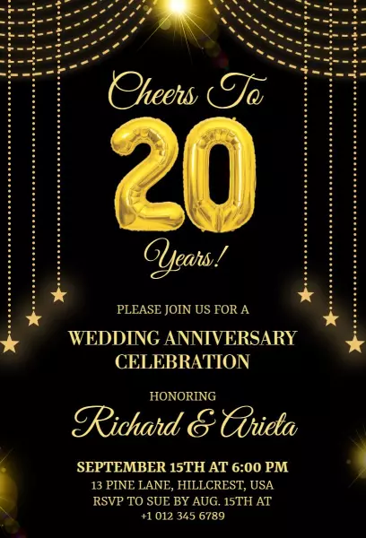 Elegant Golden 20th Wedding Anniversary Celebration Invitation Template