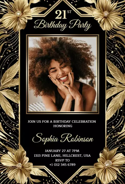 Elegant Golden 21st Birthday Celebration Invitation Template