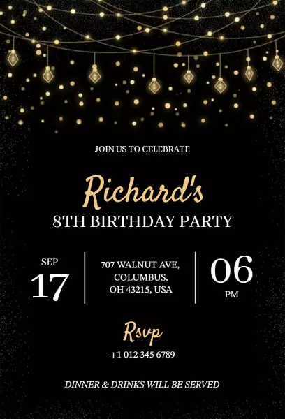 Elegant Golden 8th Birthday Celebration Invitation Template