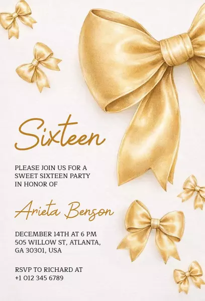 Elegant Golden Bow Sweet Sixteen Birthday Invitation Template