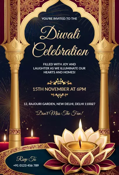 Elegant Golden Diwali Festival Celebration Invitation Template