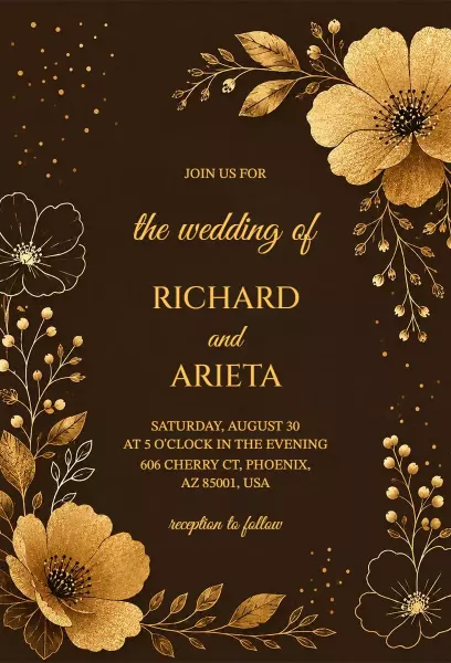 Elegant Golden Floral Wedding Celebration Invitation Template