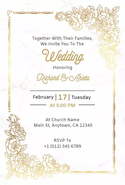 Elegant Golden Floral Wedding Ceremony Invitation Template