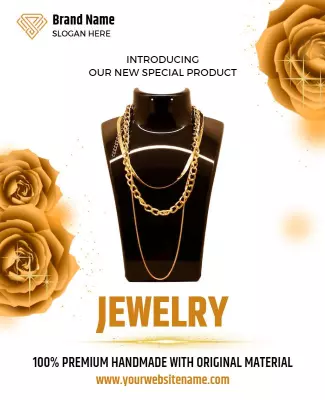 Elegant Golden Jewelry Showcase with Roses Poster Template