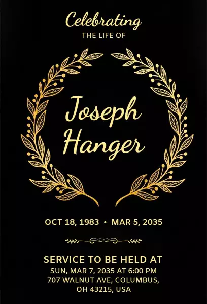 Elegant Golden Laural Wreath Funeral Service Invitation Template