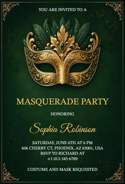 Elegant Golden Masquerade Party Celebration Invitation Template