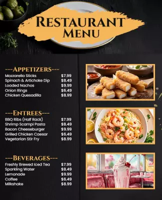 Elegant Golden Restaurant Menu with Appetizers and Entrees Poster Template