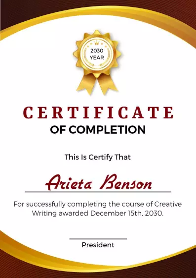 Elegant Golden Ribbon Creative Writing Completion Certificate Template