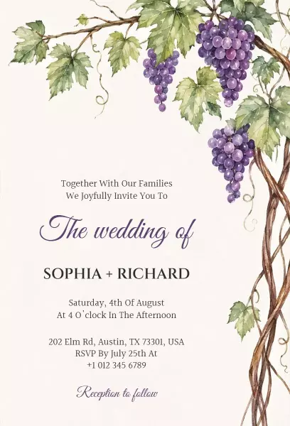 Elegant Grape Vine Rustic Wedding Celebration Invitation Template