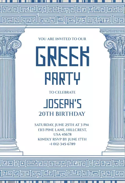 Elegant Greek Theme 20th Birthday Celebration Party Invitation Template