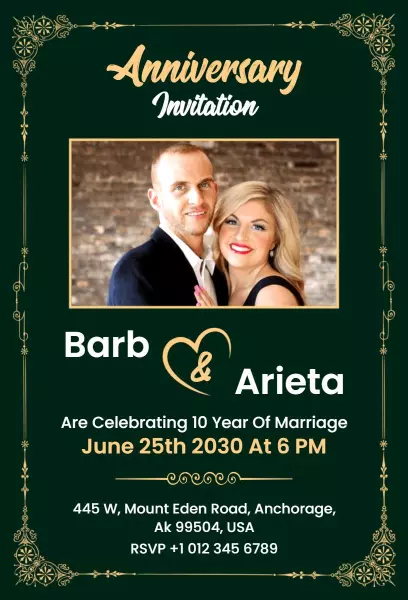 Elegant Green 10 Year Wedding Anniversary Celebration Invitation Template