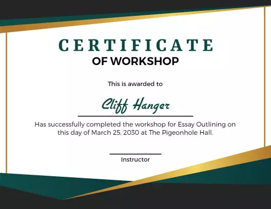 Elegant Green and Gold Essay Workshop Completion Certificate Template