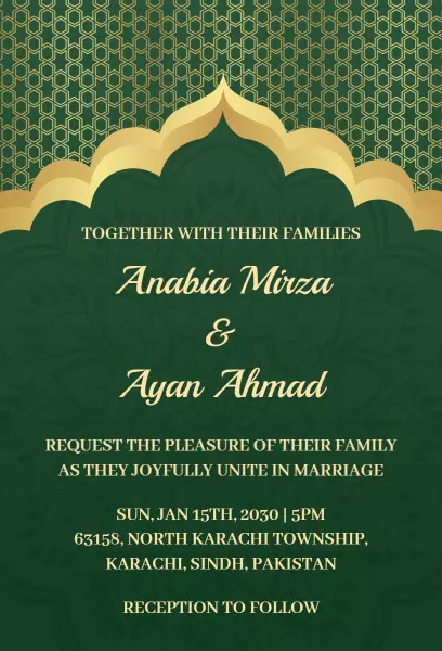 Elegant Green Arabic Style Muslim Wedding Invitation Template