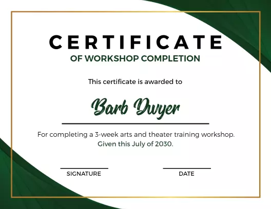 Elegant Green Arts and Theater Workshop Completion Certificate Template