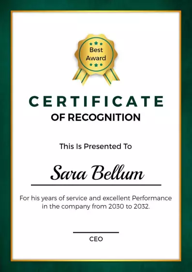 Elegant Green Award for Outstanding Service Recognition Certificate Template