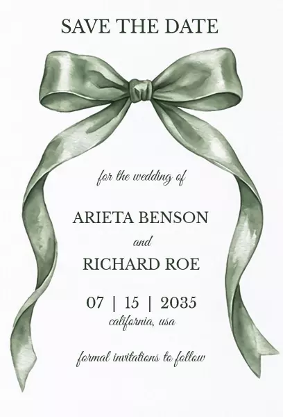 Elegant Green Bow Wedding Save The Date Invitation Template