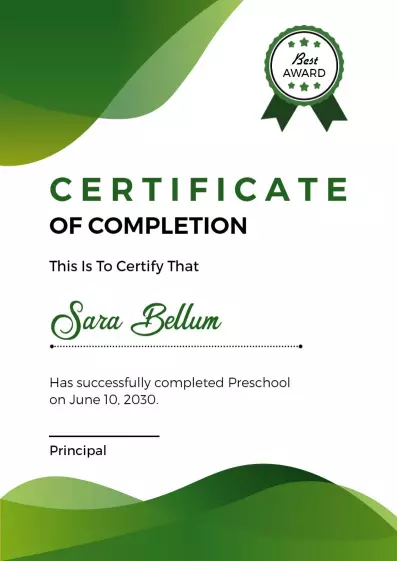 Elegant Green Curved Design Preschool Completion Certificate Template