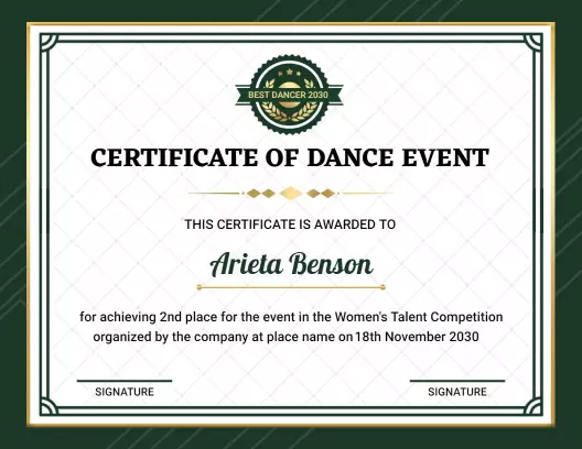 Elegant Green Dance Competition Achievement Certificate Template