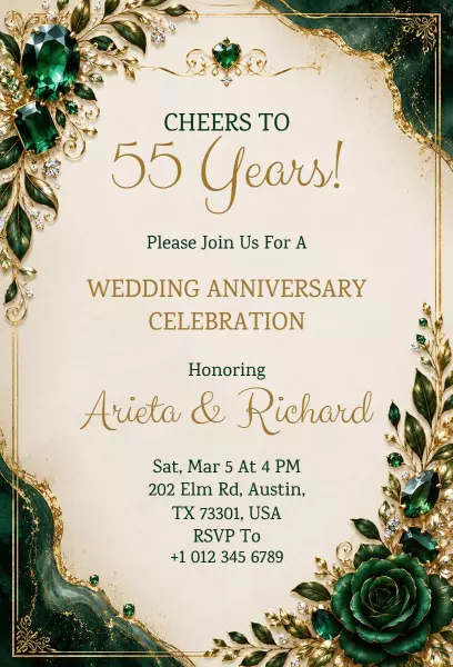 Elegant Green Floral 55th Wedding Anniversary Invitation Template