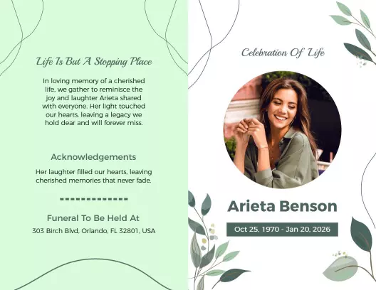 Elegant Green Floral Celebration of Life Funeral Brochure Template