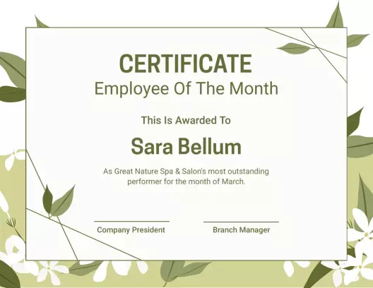 Elegant Green Floral Employee of the Month Certificate Template