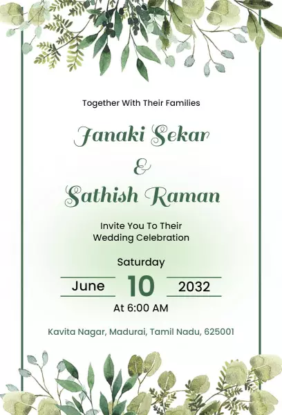 Elegant Green Floral Indian Wedding Celebration Invitation Template
