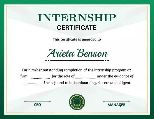 Elegant Green Internship Completion Achievement Certificate Template