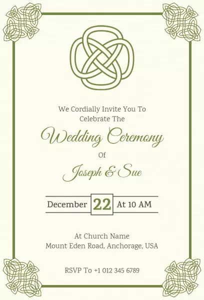 Elegant Green Knot Design Wedding Ceremony Invitation Template