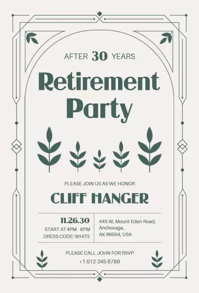 Elegant Green Leaves Retirement Celebration Party Invitation Template