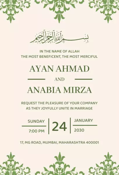 Elegant Green Muslim Wedding Ceremony Invitation Template