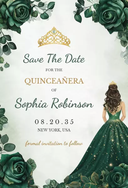 Elegant Green Quinceanera Save The Date Invitation Template
