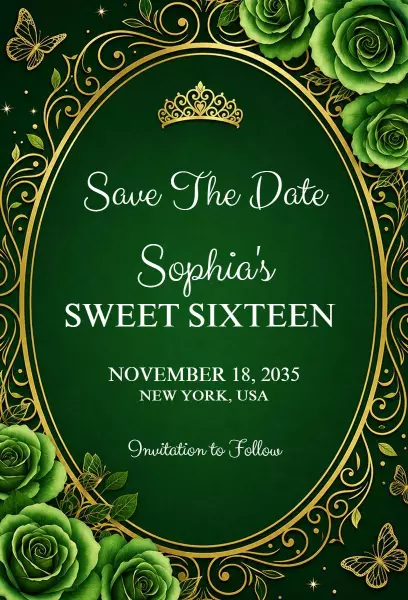 Elegant Green Rose Crown Sweet 16 Birthday Invitation Template