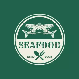 Elegant Green Seafood Logo Featuring Crossed Fish and Utensils Logo Template